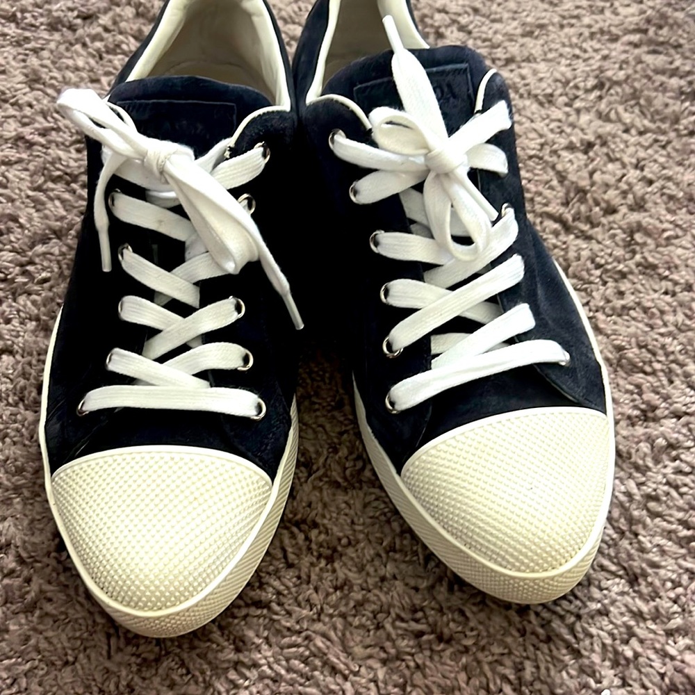 Prada Dark Blue Ping Pong Suede Cap-toe Low-top Sneaker Flats, size 39 1/2.